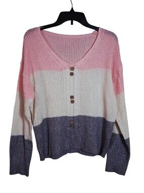 Colorblock Pastel Stripes Pink Gray Womens Large Pullover Cardigan Sweater